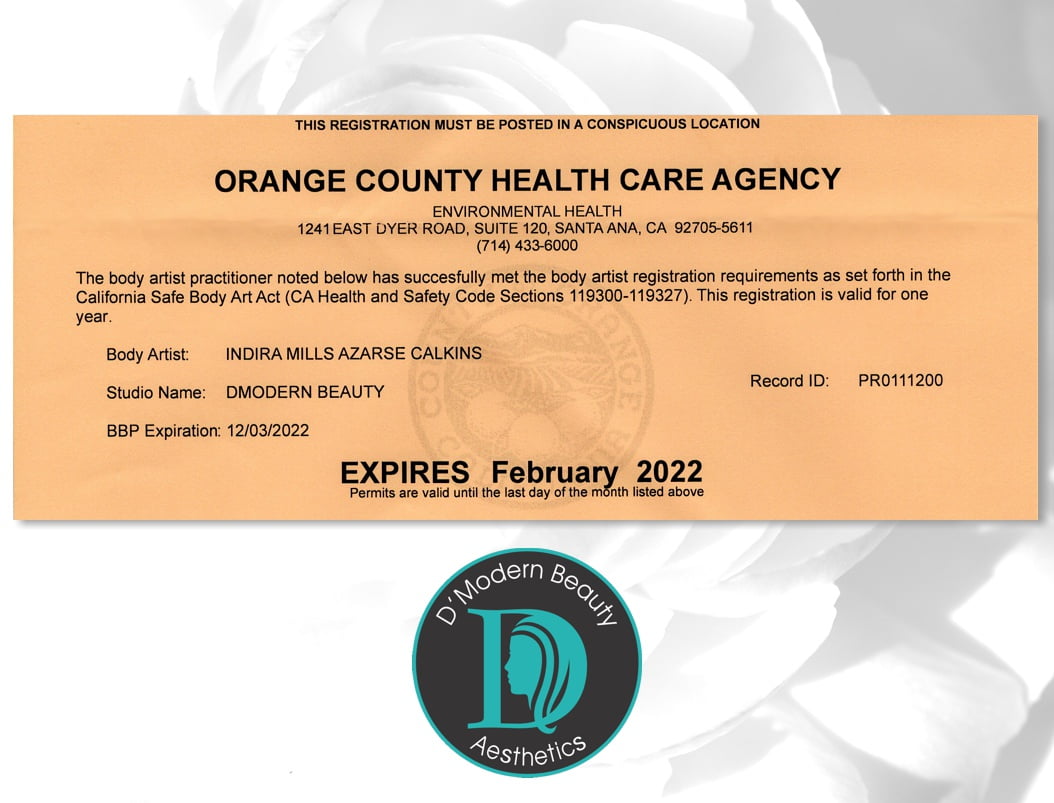 OC Health Care Body Artist Certificate Indira Calkins 2021